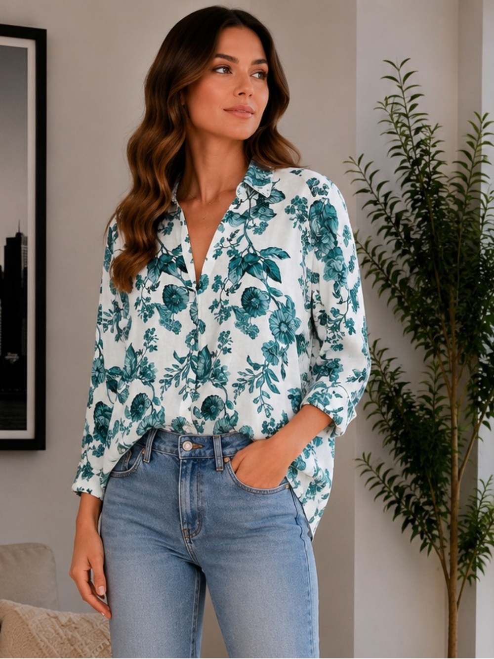 Zara‎ Linen Cotton Blend White Green Floral Button Down Shirt size Large